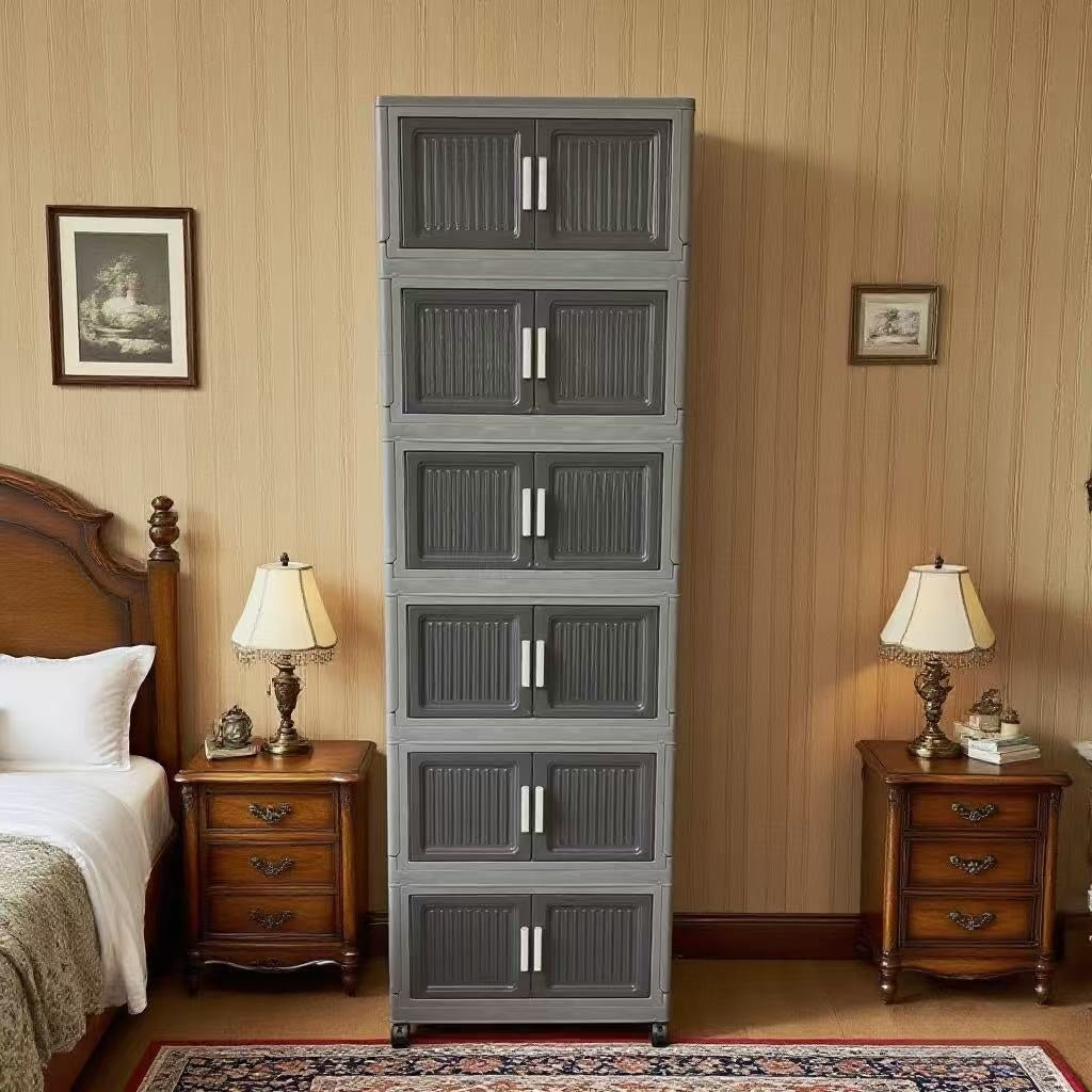 6Layer New(112gallon)Gray 23.62in Foldable Storage Box With Multi-tier & Doors, Stackable Shoes Storage Containers For Sundries, Books, Clothes, Household Storage Organizer For Closet, Wardrobe, Bedroom, Bathroom, Office, Kitchen